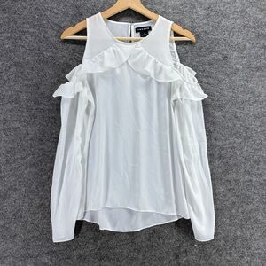 Trouve Blouse Women S Small White Round Neck Cold Shoulder Long Sleeve Hook&Eye